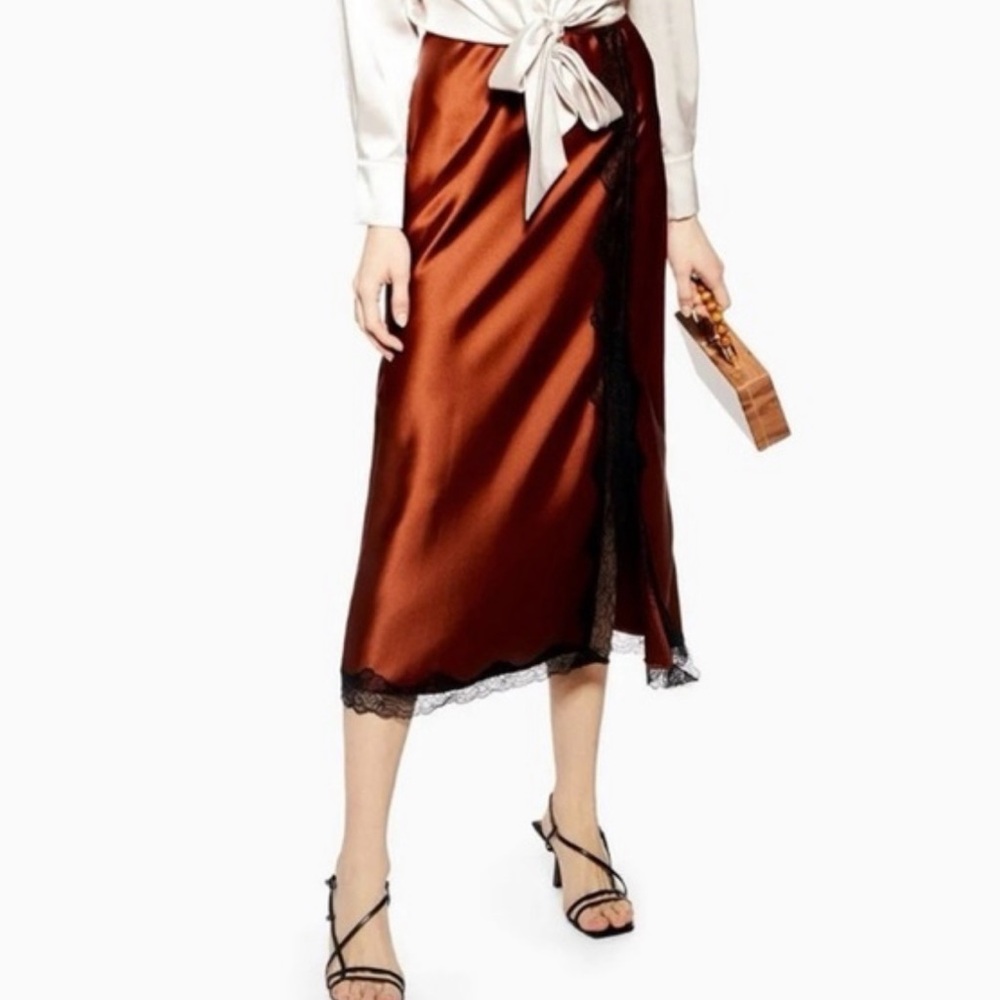 Like New Topshop Brown Satin Slip Skirt with Black Lace Trim